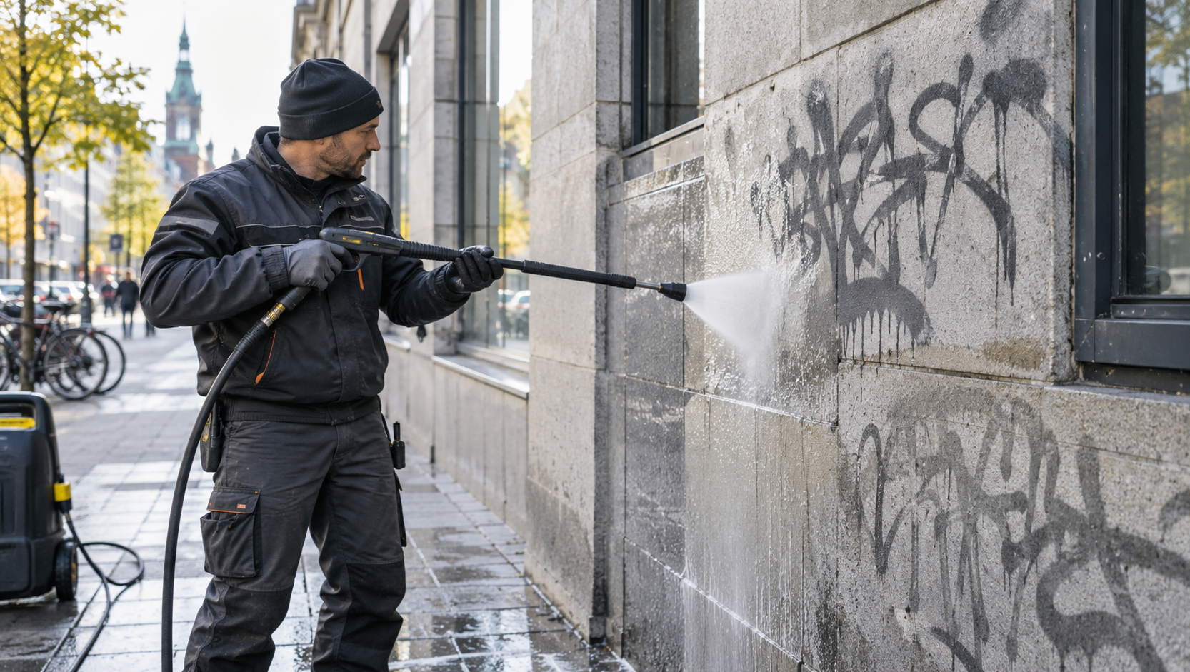Person som sanerar klotter från en stenfasad med högtryckstvätt i stadsmiljö