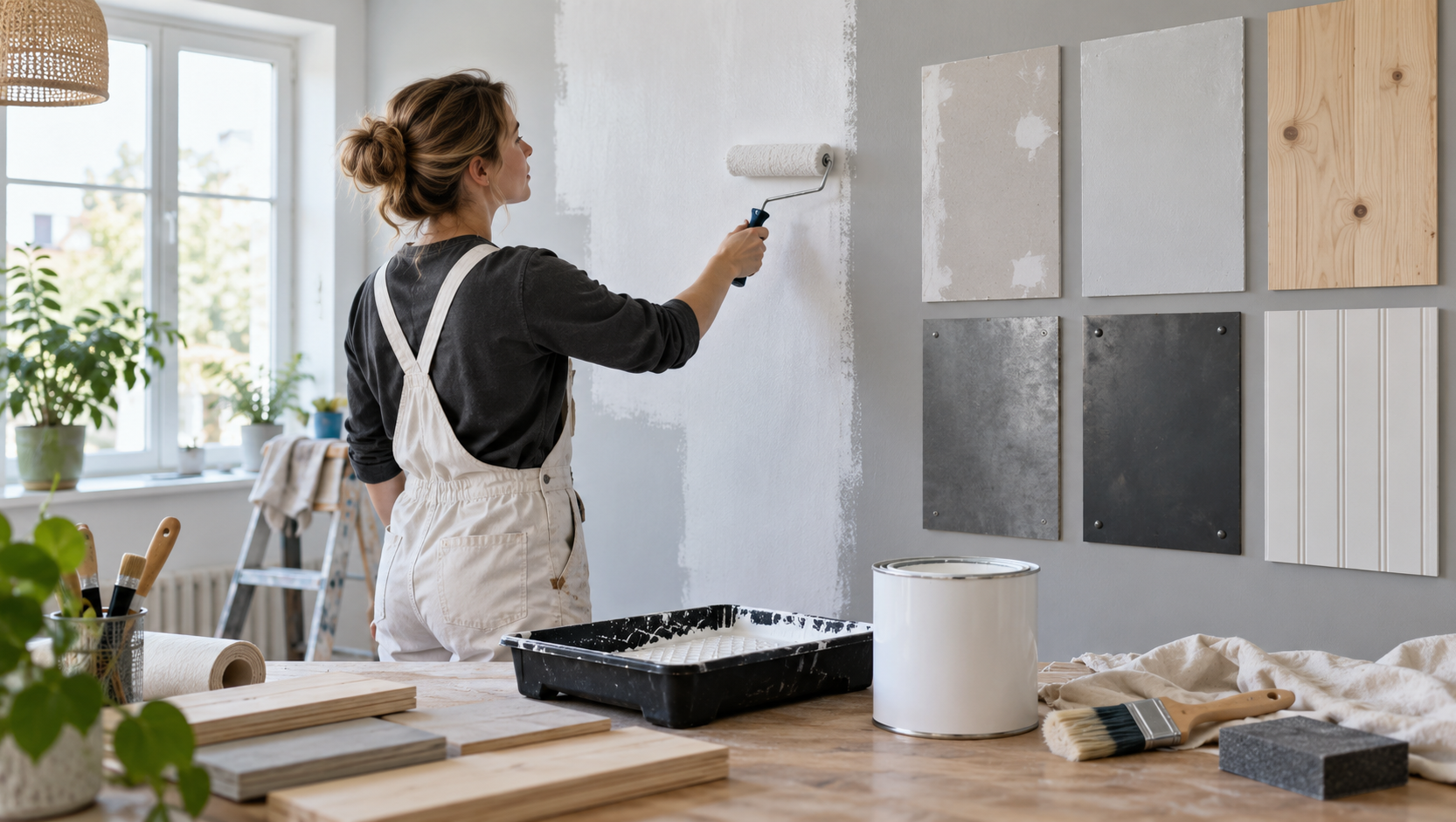 Grundmålning av vägg med roller och primer